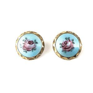 Screwback Enamel Button Earrings Sterling Silver 925 Hand Painted Flower Rose
